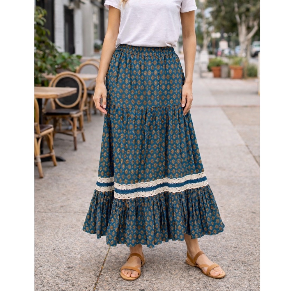 Luna Moon Tiered Maxi Skirt Teal Orange Floral Lace Trim Boho Festival‎ Medium